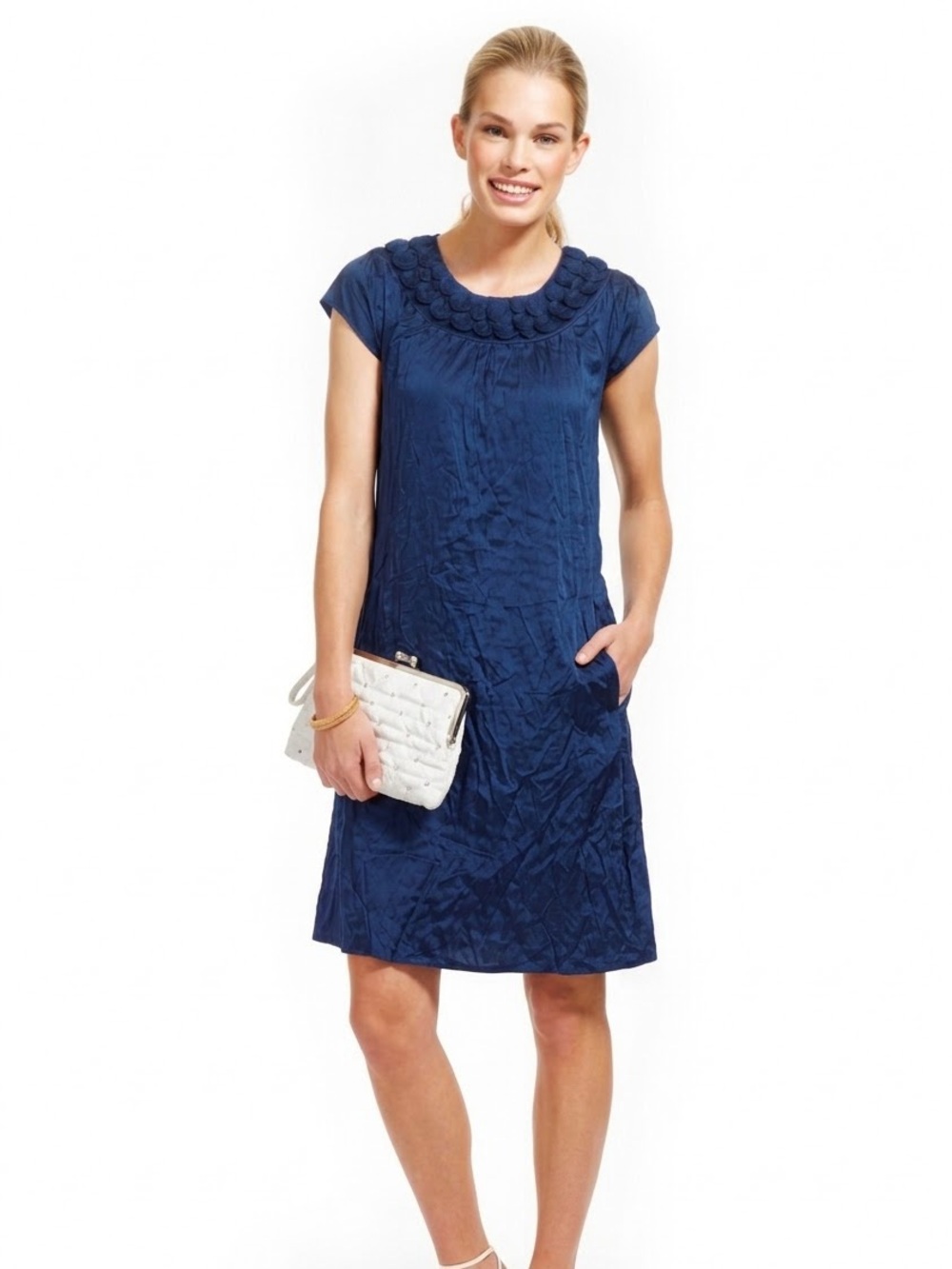 Calypso St Barth Pazzi Washable Silk Shift Mini Dress Navy Blue Rosette Pockets